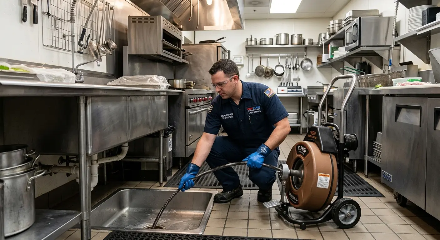 Commercial drain cleaning service in a restaurant kitchen in Mooresville