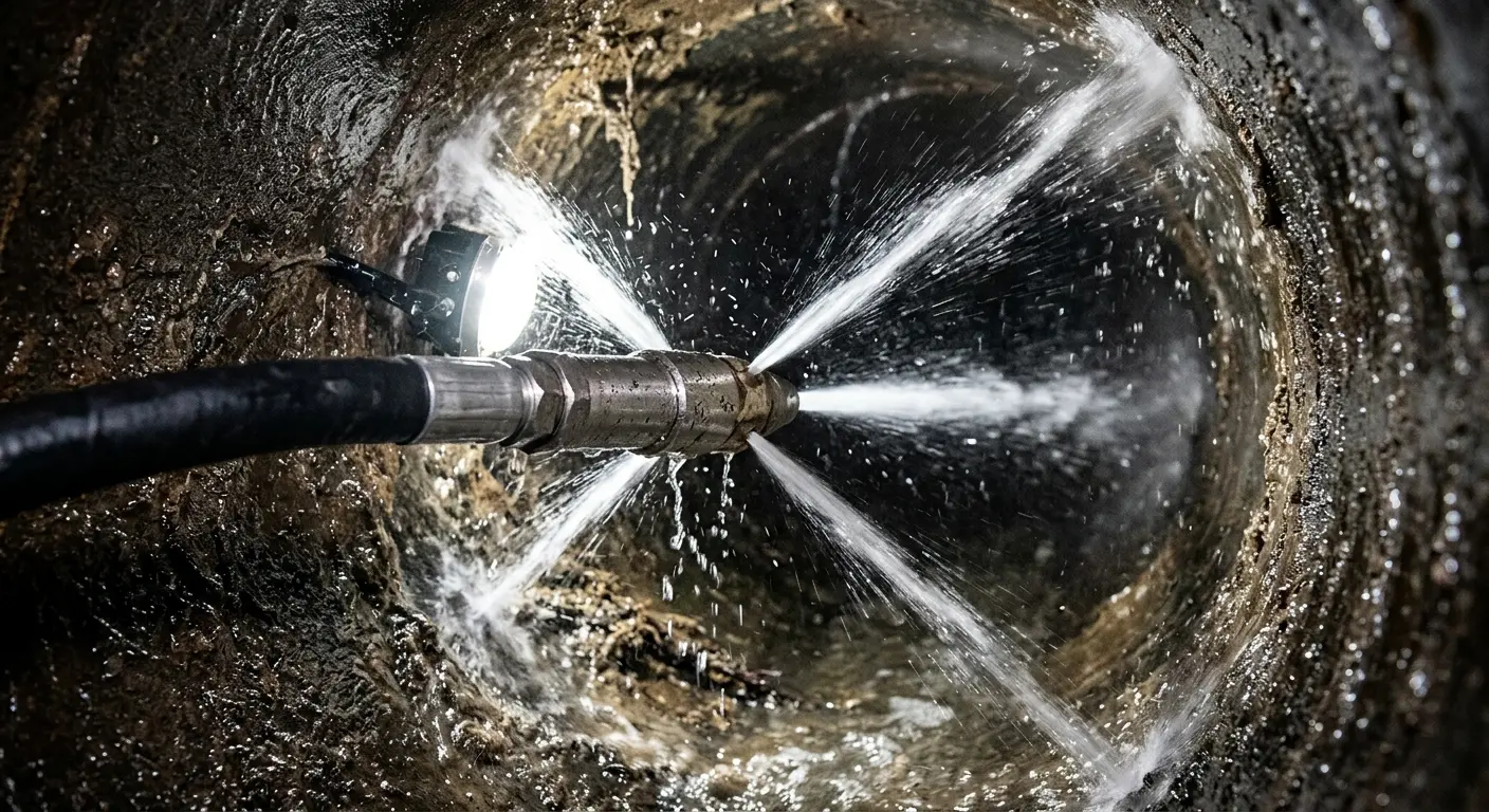High-pressure hydro jetting nozzle cleaning sewer pipe for Sewer Line Relining in Mooresville