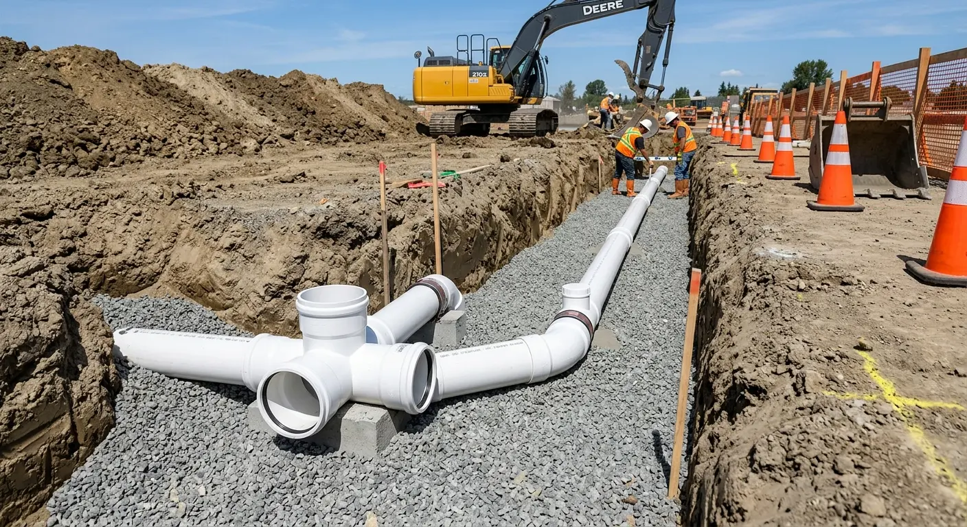 New PVC sewer pipe installation in open trench for Commercial Drain Cleaning in Mooresville