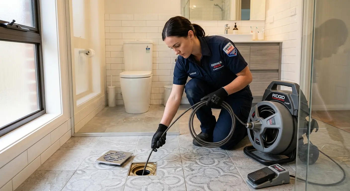 Technician clearing a bathroom floor drain for Hydro Jetting in Mooresville